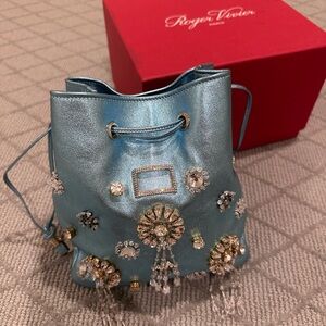 Roger Vivier Blue Metallic Crystal jewel 💎 bucket bag-new